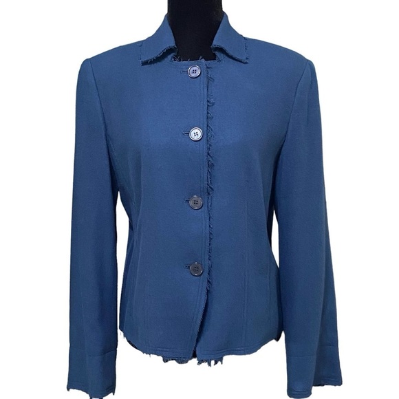 WinterSilks Blue Silk Wool Raw Edge Blazer Jacket Size 12 Boho Minimalist - Picture 1 of 6